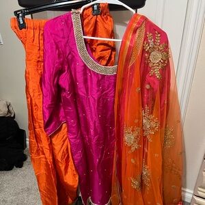 Pink and Orange Embroidered Traditional Outfit
